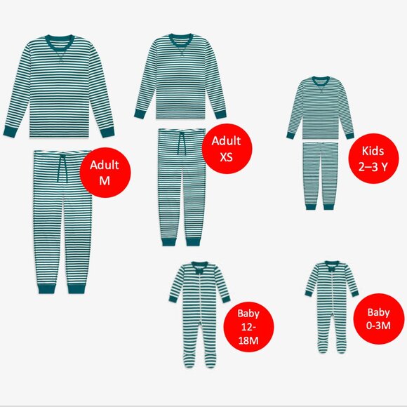 Primary Family Holiday Pajamas / 5 Pair / Adult M + XS / Kids 2–3Y 12–18M 0–3M